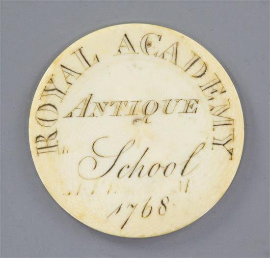 An early 19th century ivory Royal Academy Antique School ticket, for Henry Garling, November 24th 1815, diameter 2in.
